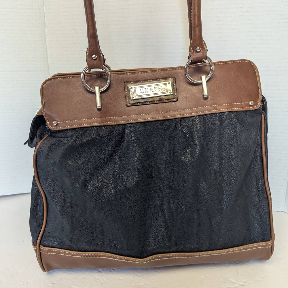Professional Chaps Black and Tan Saddle Leather Tote Bag Purse Satchel 14x11